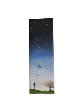 Original Painting of Kite Flying and Starry Night Sky - Acrylic on Canvas 4"x12"
